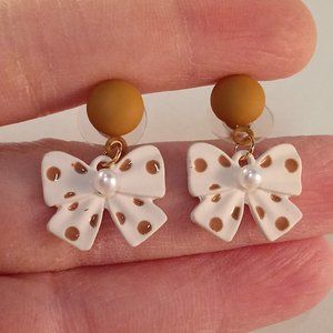 925 Silver Polka Dot White Brown Bow Knot Pearl Dangle Stud Earrings Party Gift